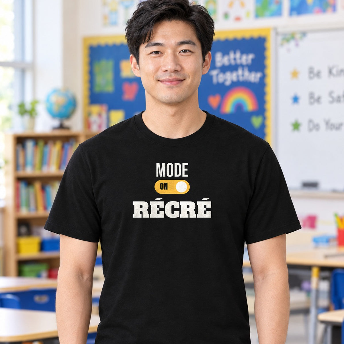 Man wearing the black Mode récré graphic tee