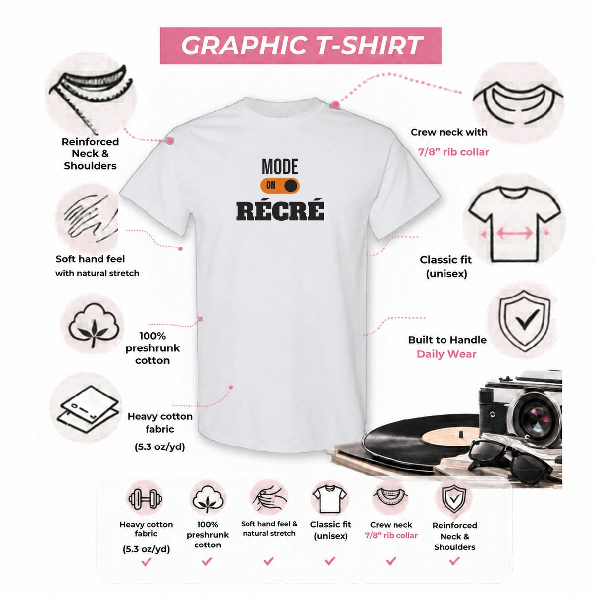 Gildan 5000 graphic tee features: reinforced neck, rib collar, classic unisex fit, heavy cotton
