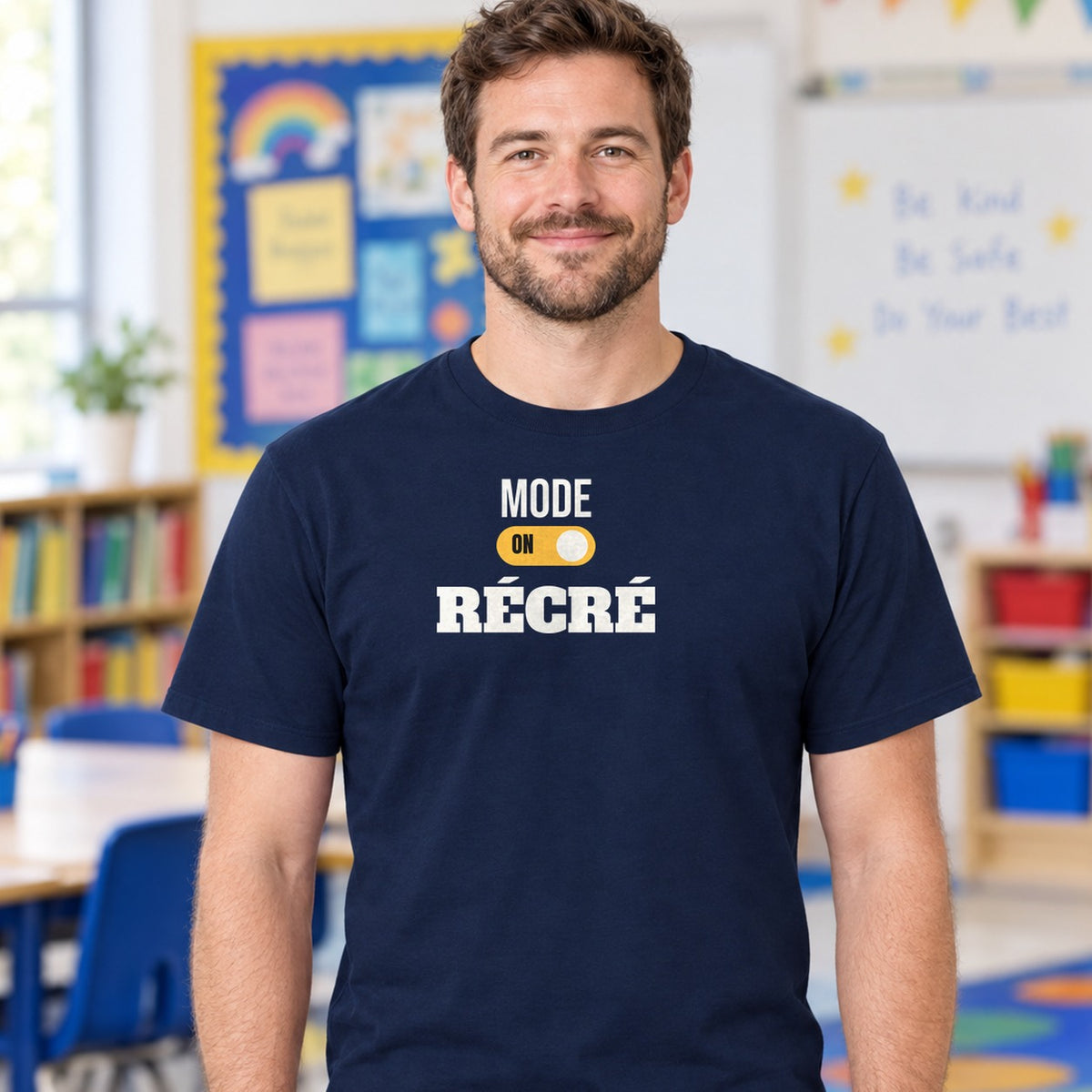 Man wearing the navy Mode récré graphic tee