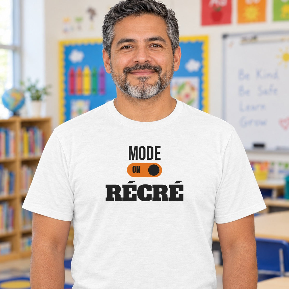 Man wearing the white Mode récré graphic tee