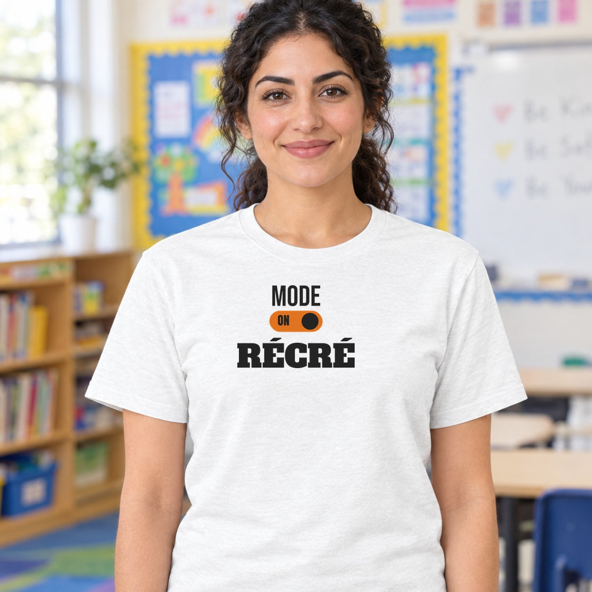 Woman wearing the white Mode récré graphic tee