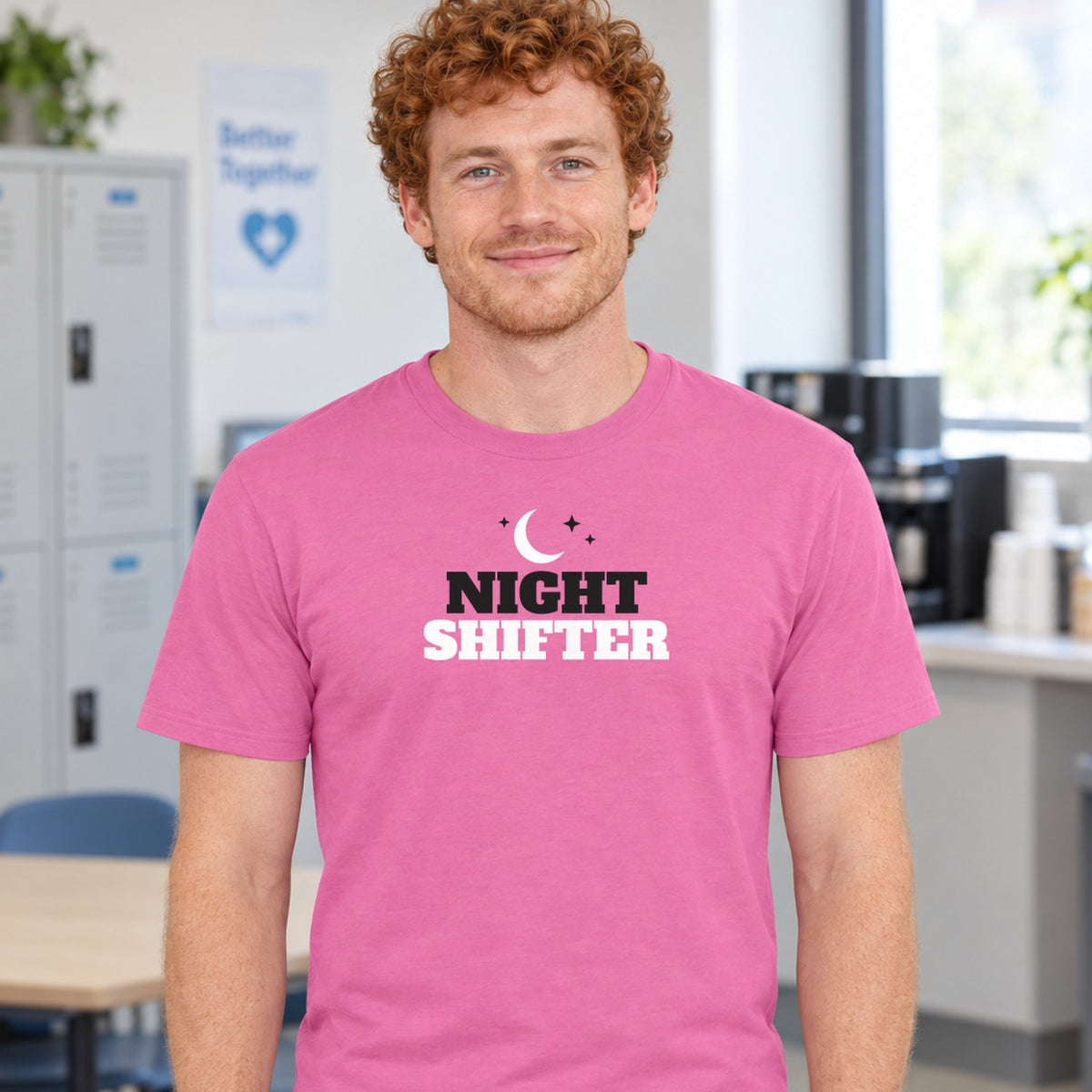 Man wearing the azalea Night Shifter graphic tee