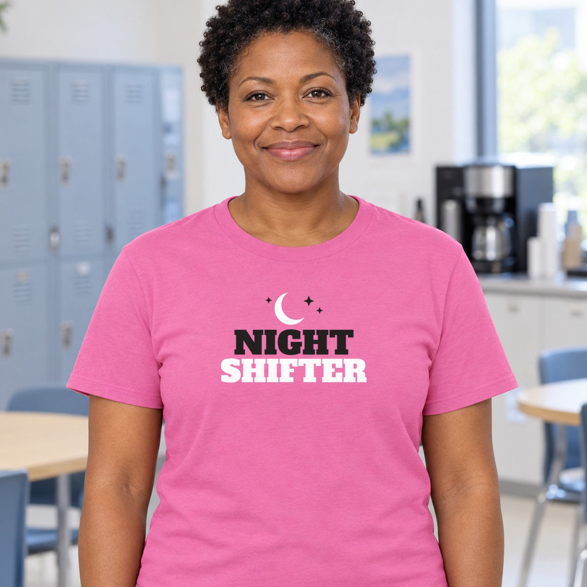 Woman wearing the azalea Night Shifter graphic tee