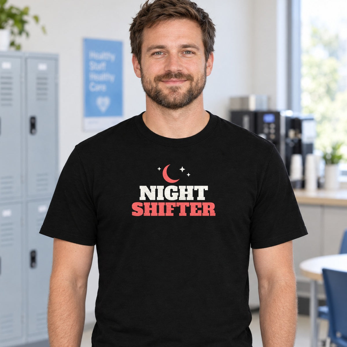 Man wearing the black Night Shifter graphic tee