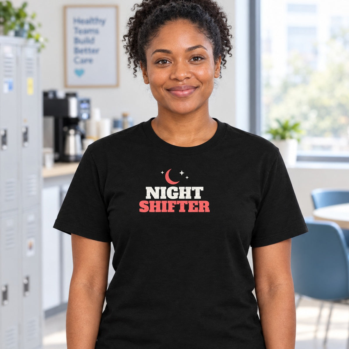 Woman wearing the black Night Shifter graphic tee