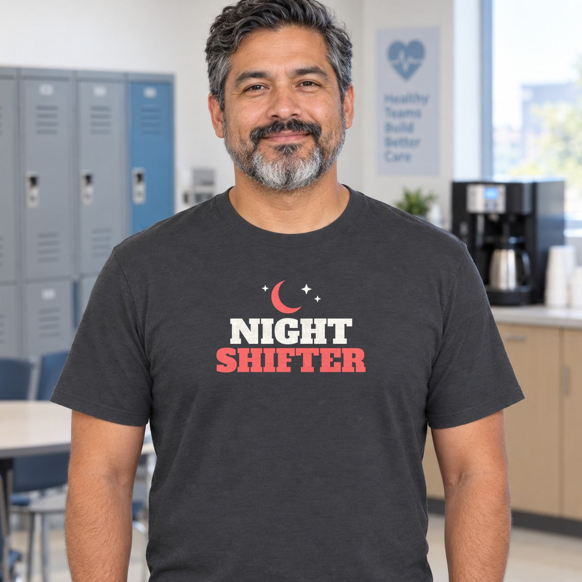 Man wearing the charcoal Night Shifter graphic tee