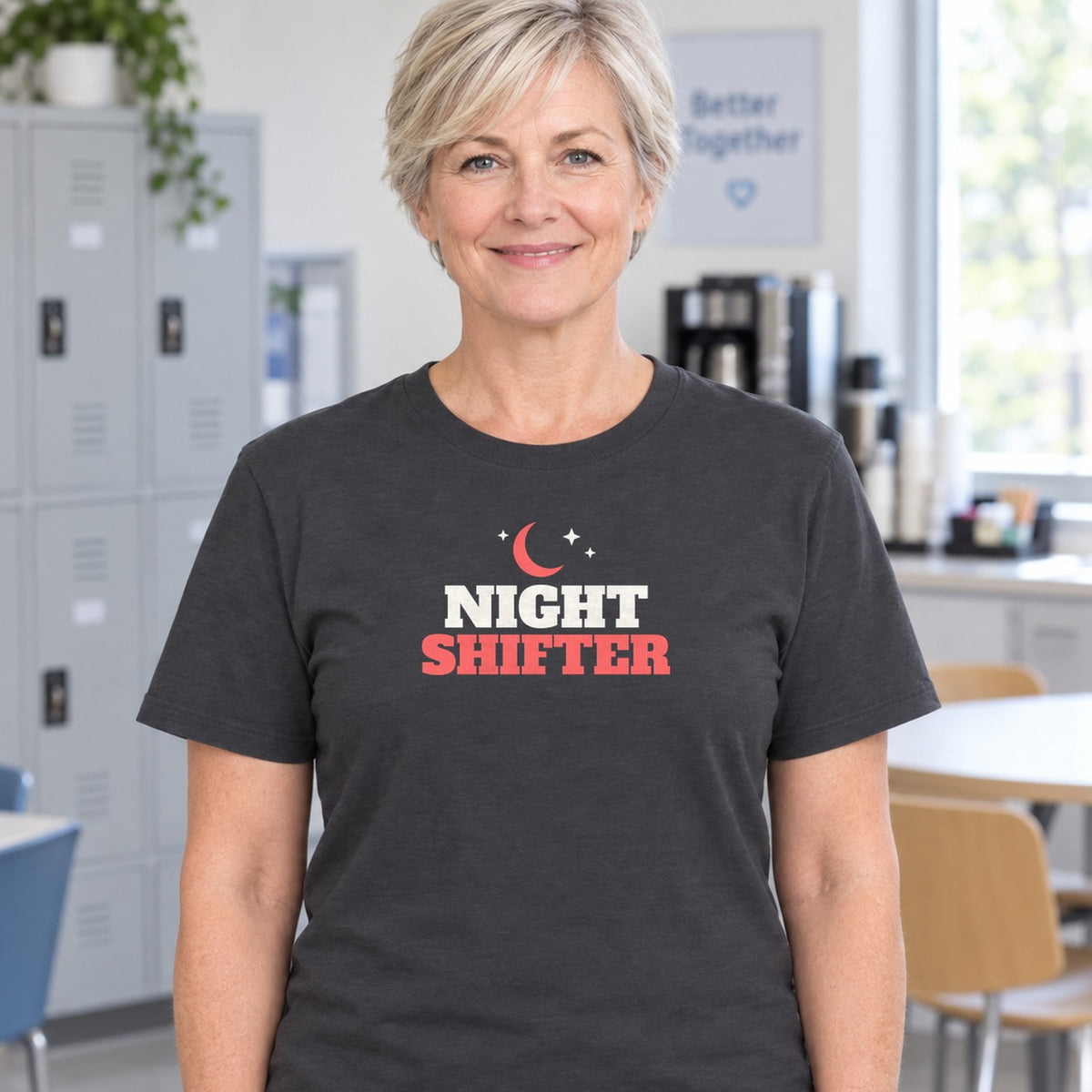 Woman wearing the charcoal Night Shifter graphic tee