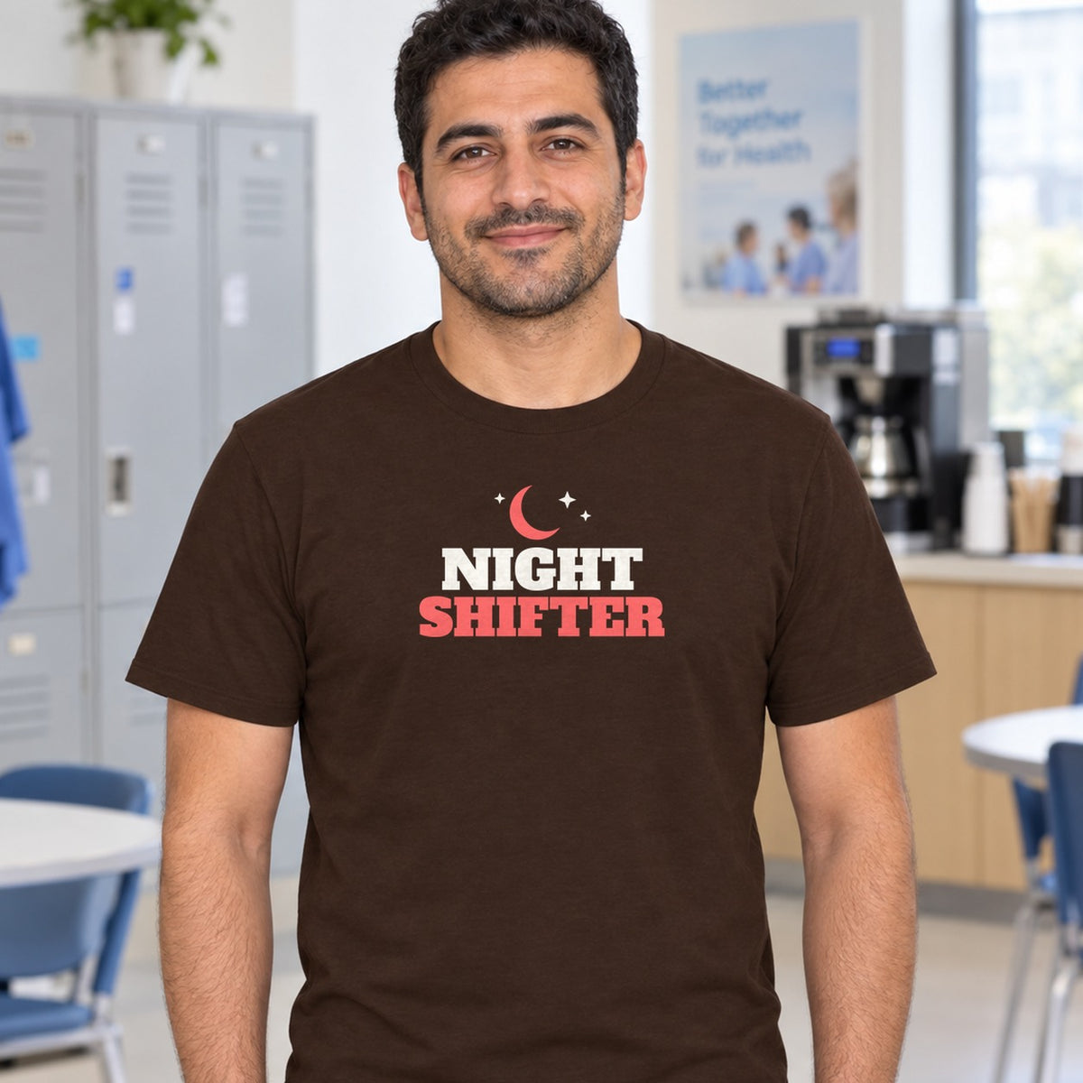 Man wearing the dark chocolate Night Shifter graphic tee