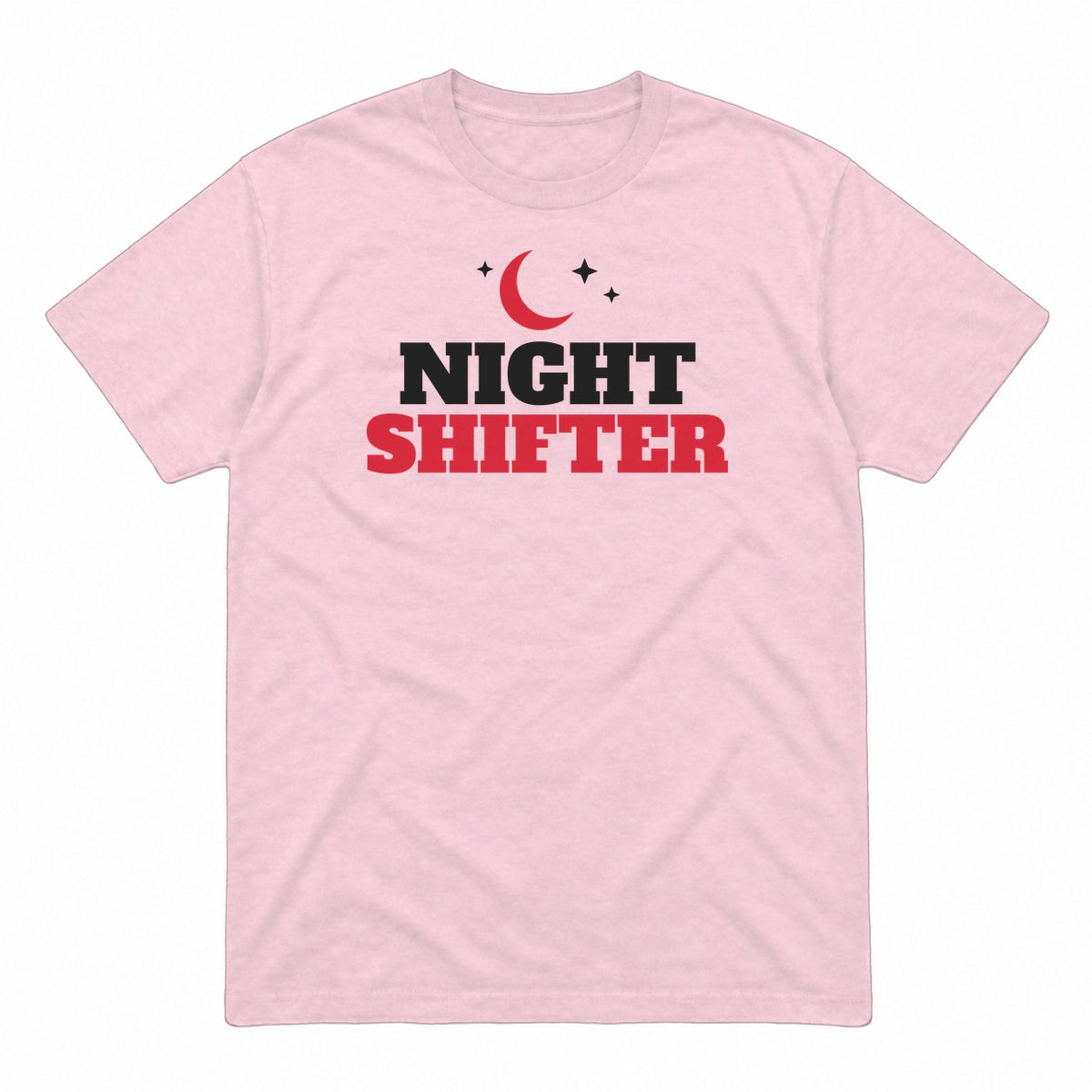 Night Shifter graphic tee in light pink, front view