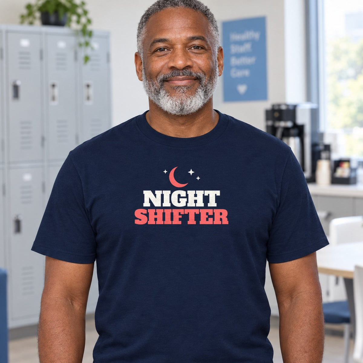 Man wearing the navy Night Shifter graphic tee
