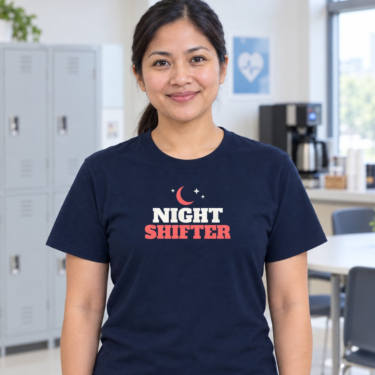 Woman wearing the navy Night Shifter graphic tee