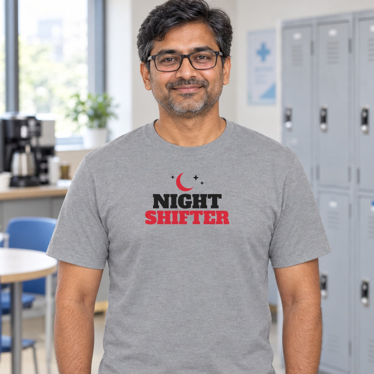 Man wearing the sport grey Night Shifter graphic tee