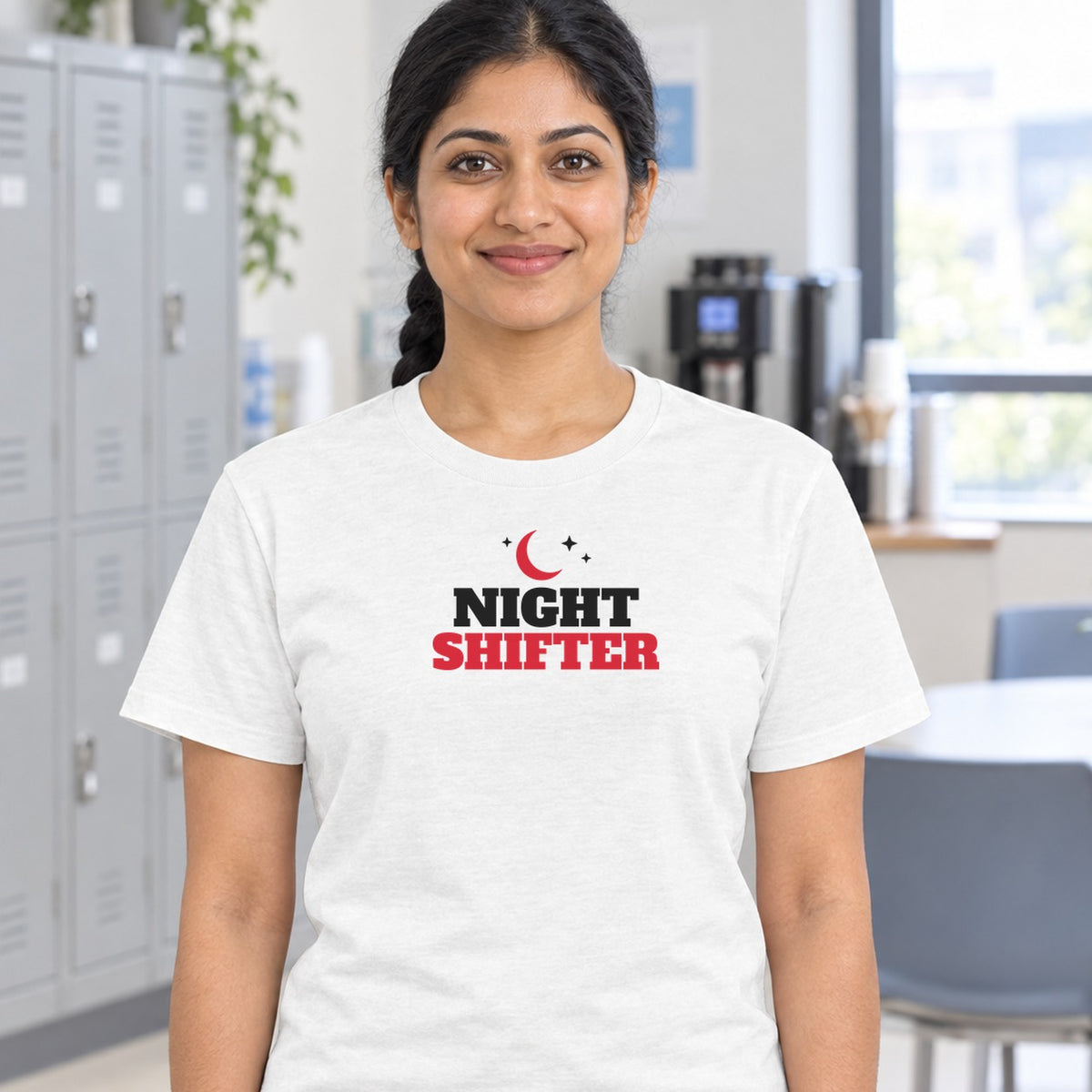 Woman wearing the white Night Shifter graphic tee