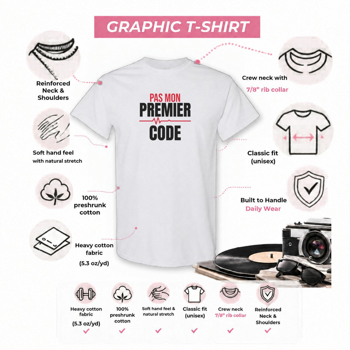 Gildan 5000 graphic tee features: reinforced neck, rib collar, classic unisex fit, heavy cotton