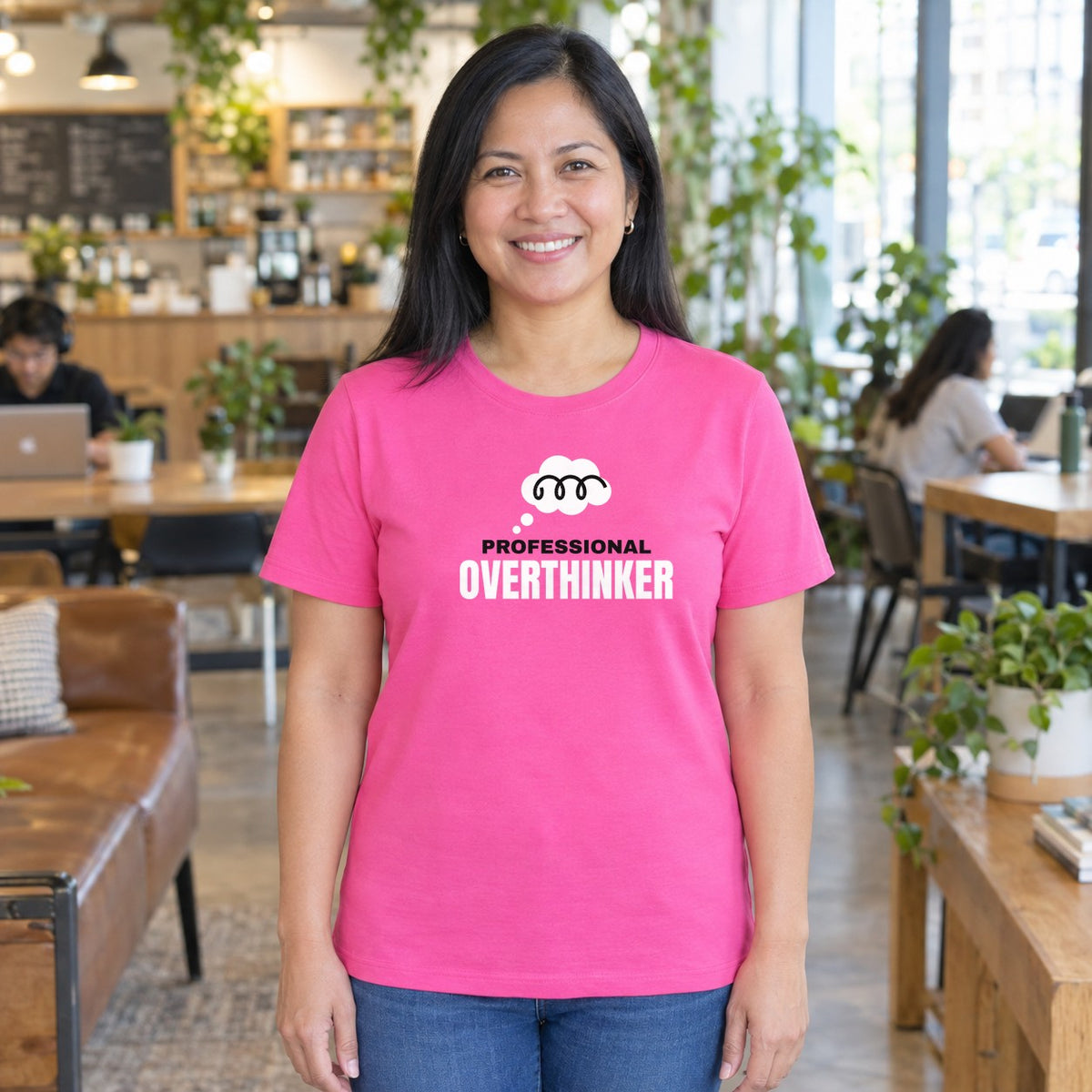 Woman wearing the azalea Professional Overthinker graphic tee