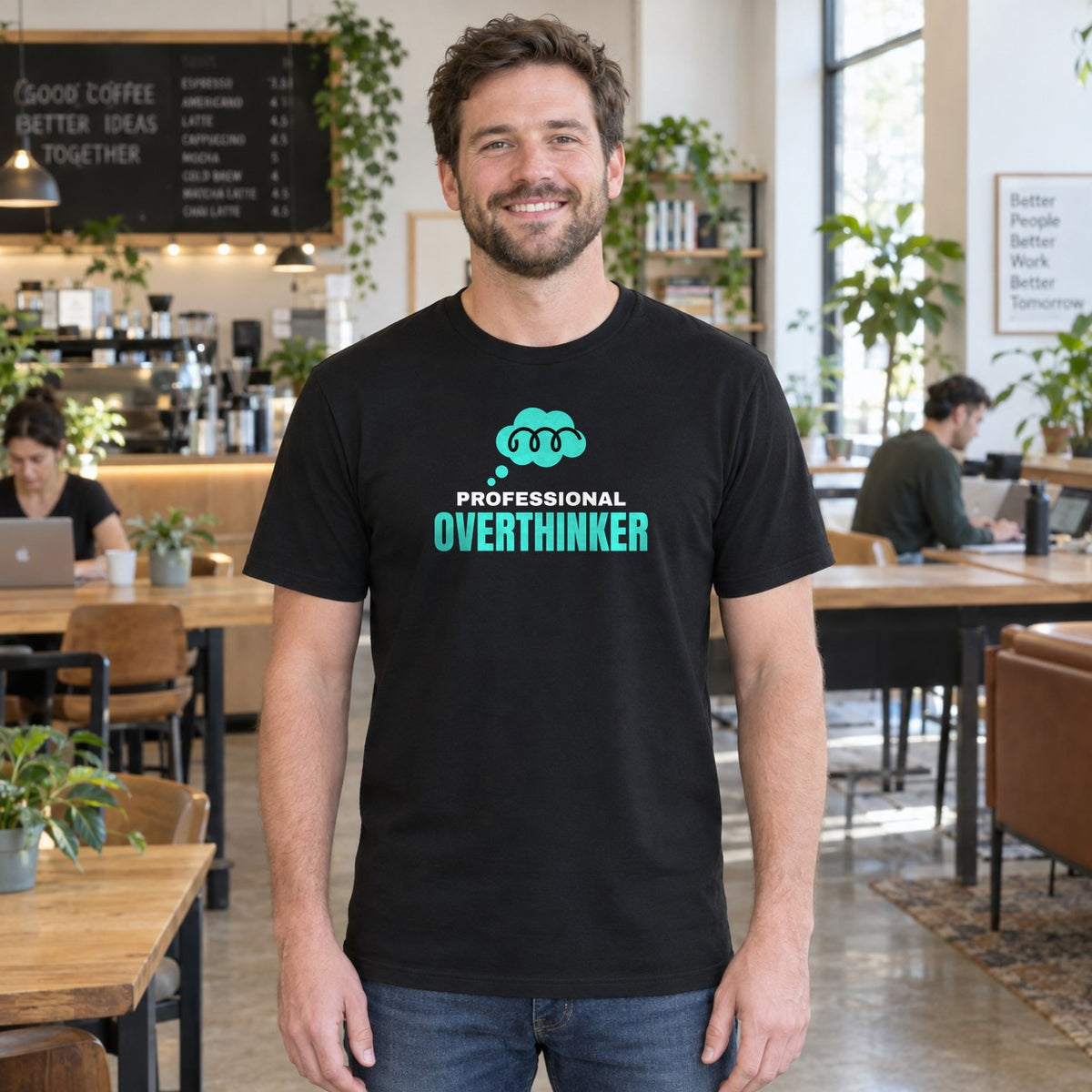 Man wearing the black Professional Overthinker graphic tee