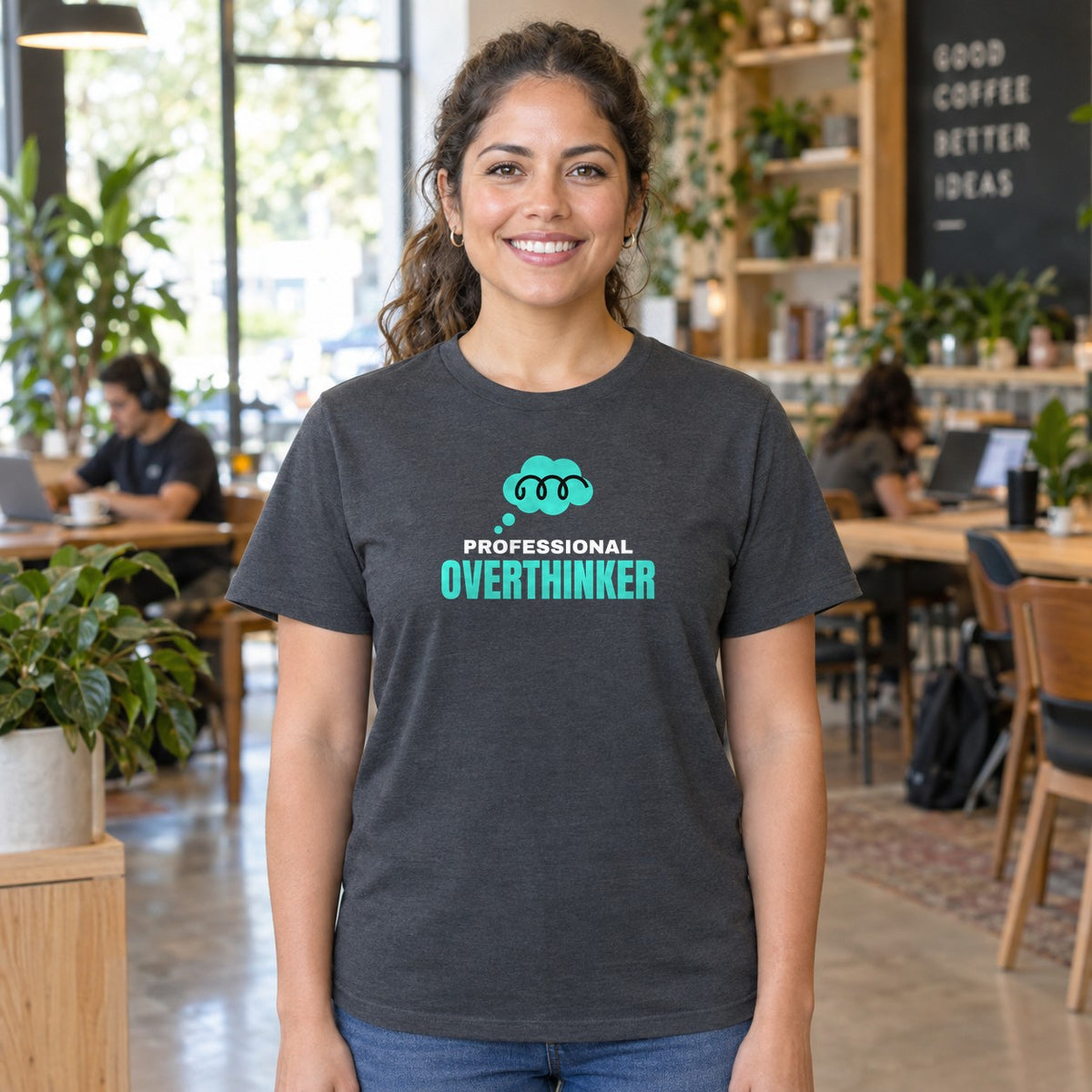 Woman wearing the charcoal Professional Overthinker graphic tee