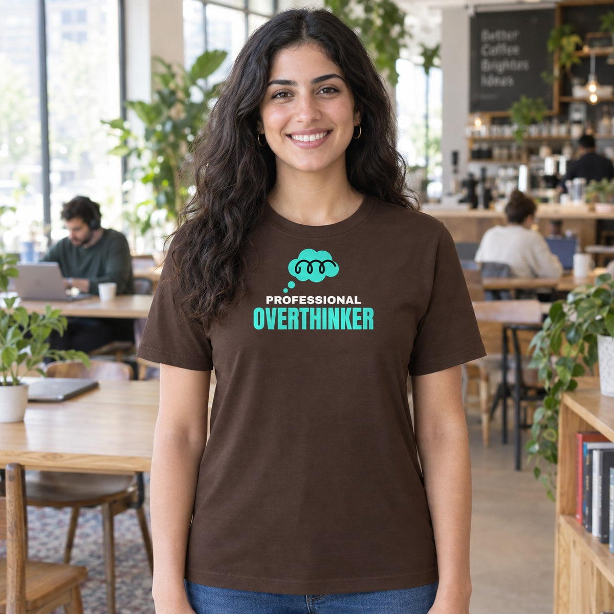 Woman wearing the dark chocolate Professional Overthinker graphic tee