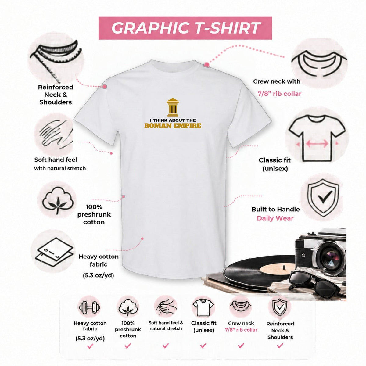 Gildan 5000 graphic tee features: reinforced neck, rib collar, classic unisex fit, heavy cotton
