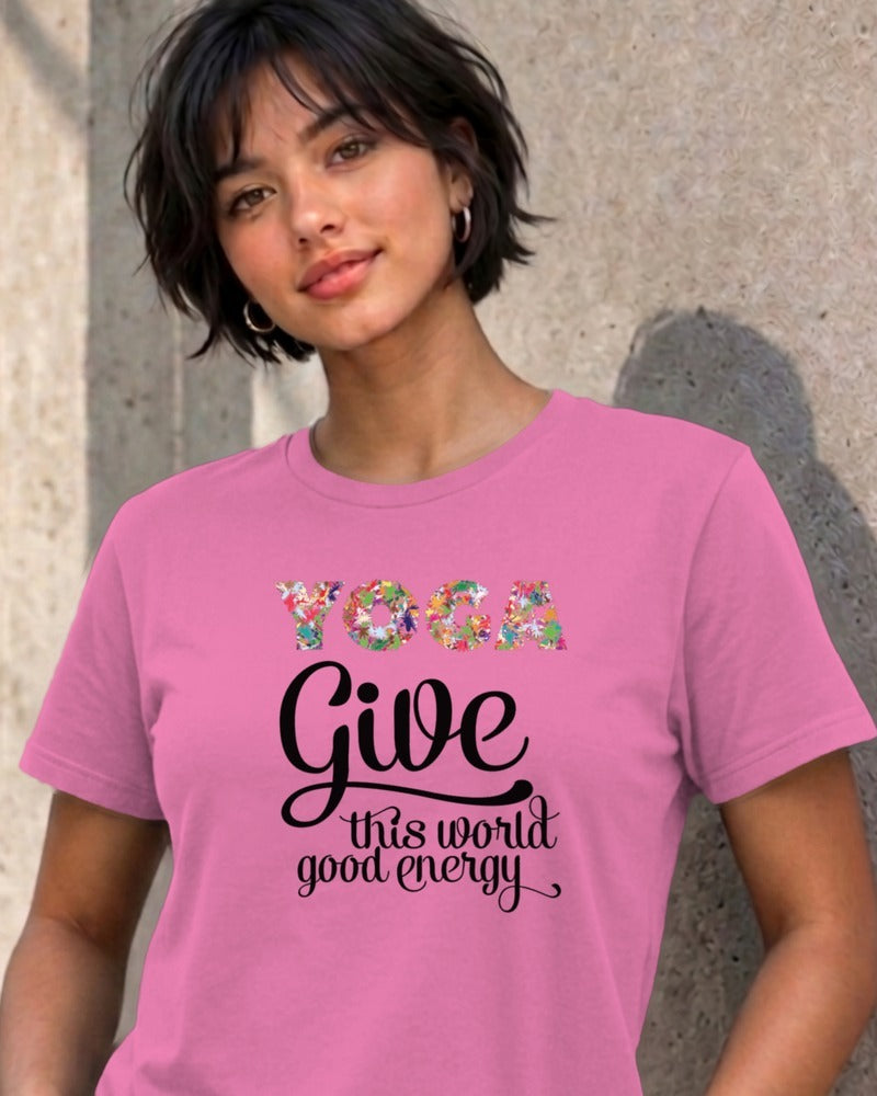 Woman wearing the azalea Give This World Good Energy graphic tee