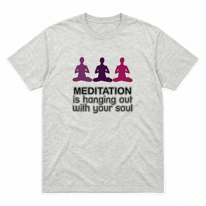 Meditation graphic tee in ash with deep colour print, front view
