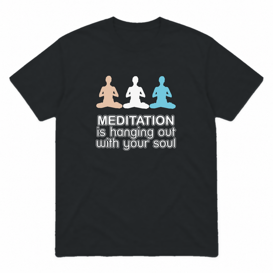 Meditation graphic tee in black with light colour print, front view