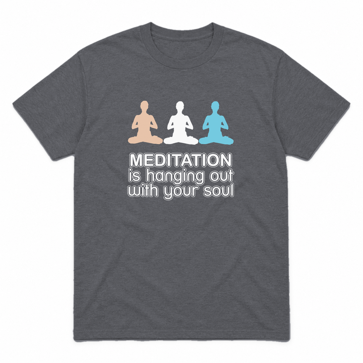 Meditation graphic tee in charcoal with light colour print, front view