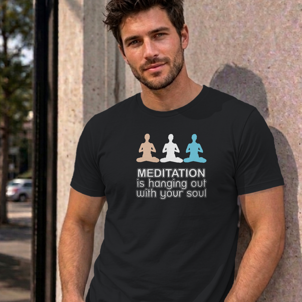 Man wearing the black Meditation graphic tee