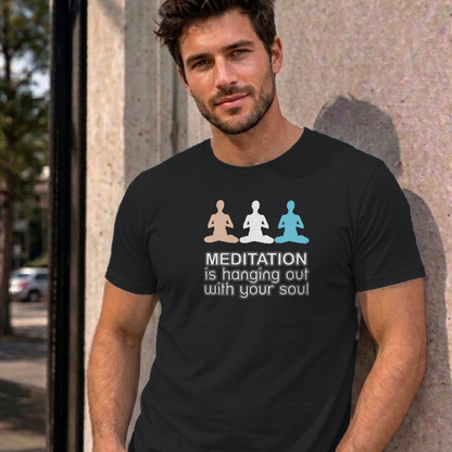 Man wearing the black Meditation graphic tee
