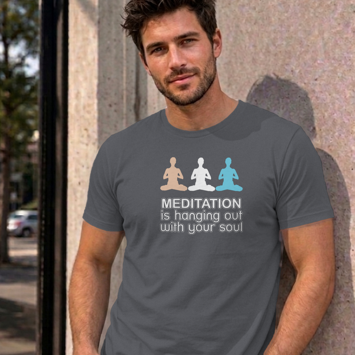 Man wearing the charcoal Meditation graphic tee