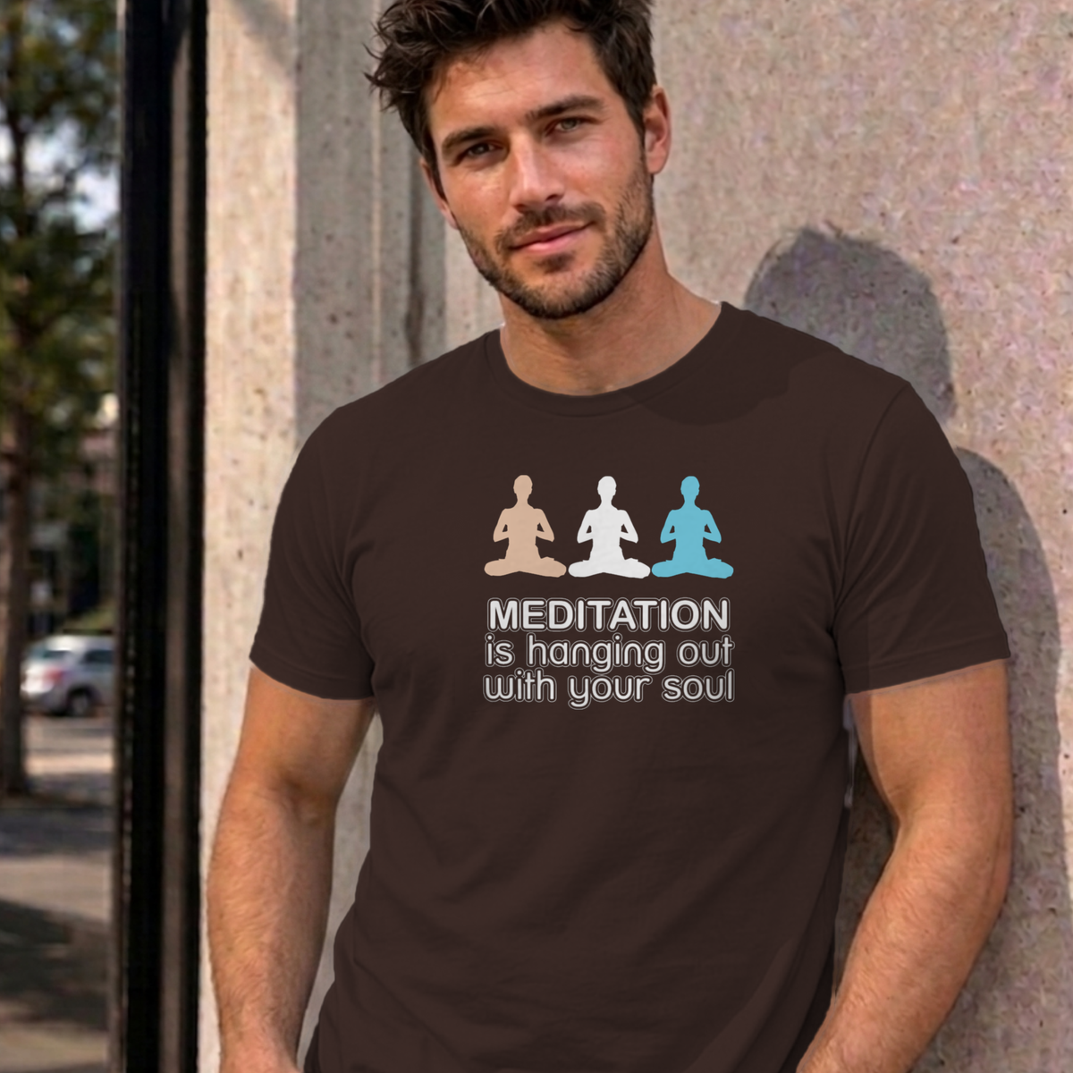 Man wearing the dark chocolate Meditation graphic tee