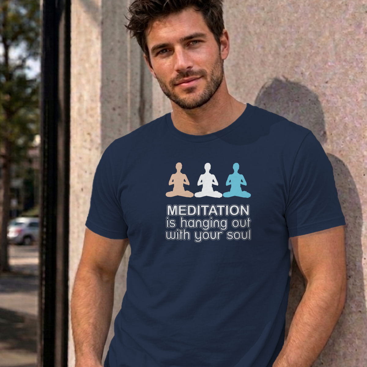 Man wearing the navy Meditation graphic tee