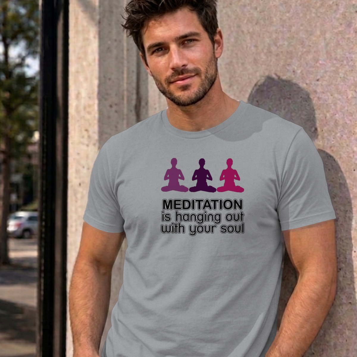 Man wearing the sport grey Meditation graphic tee