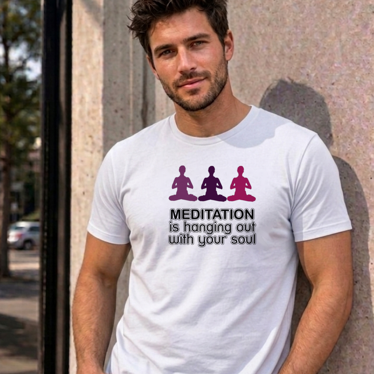 Man wearing the white Meditation graphic tee
