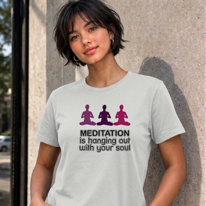 Woman wearing the ash Meditation graphic tee