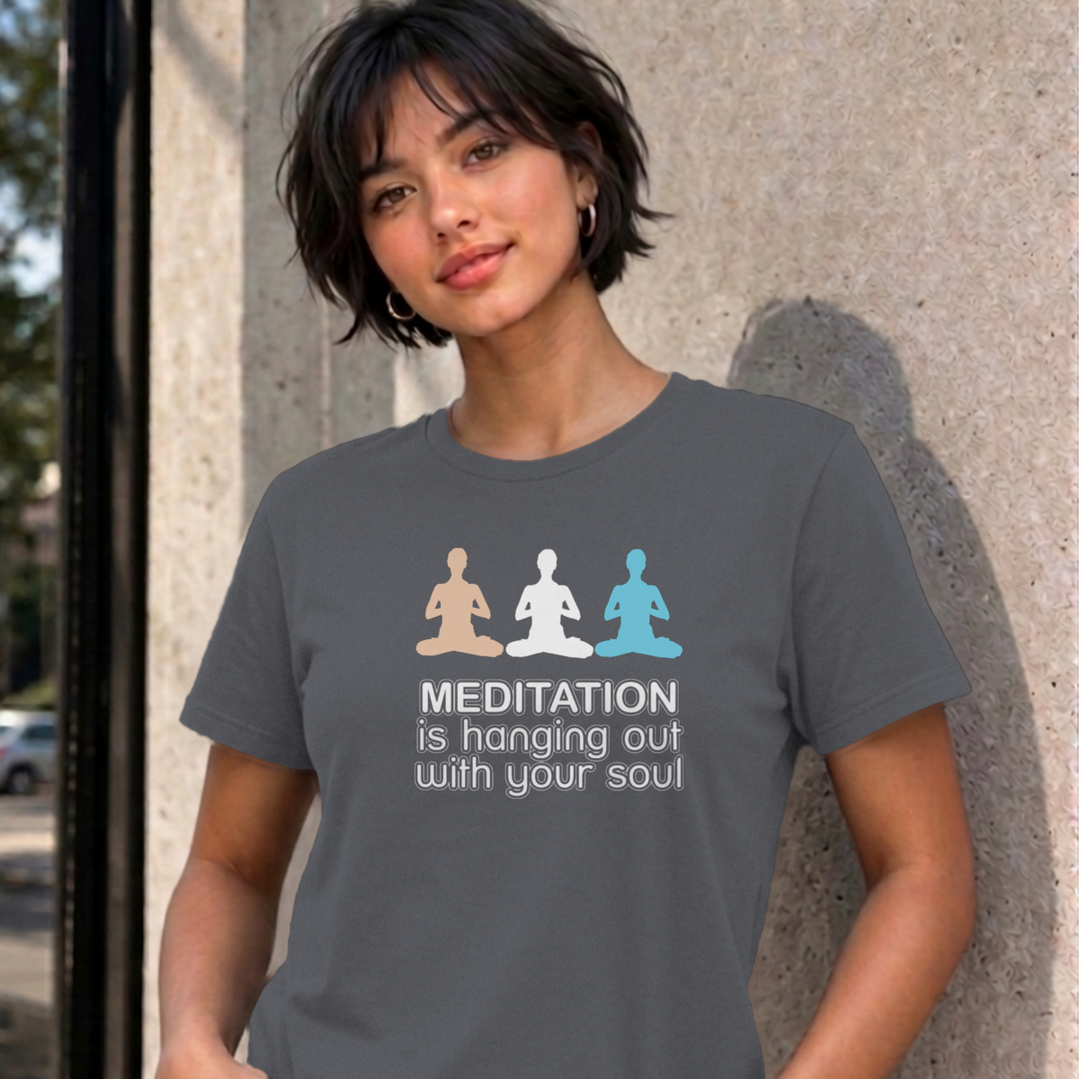 Woman wearing the charcoal Meditation graphic tee