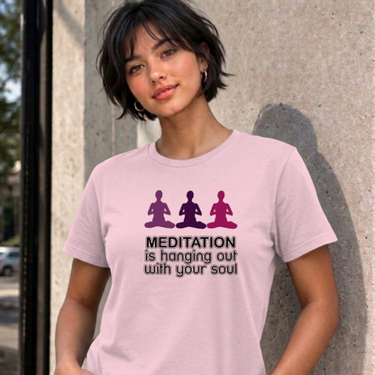 Woman wearing the light pink Meditation graphic tee