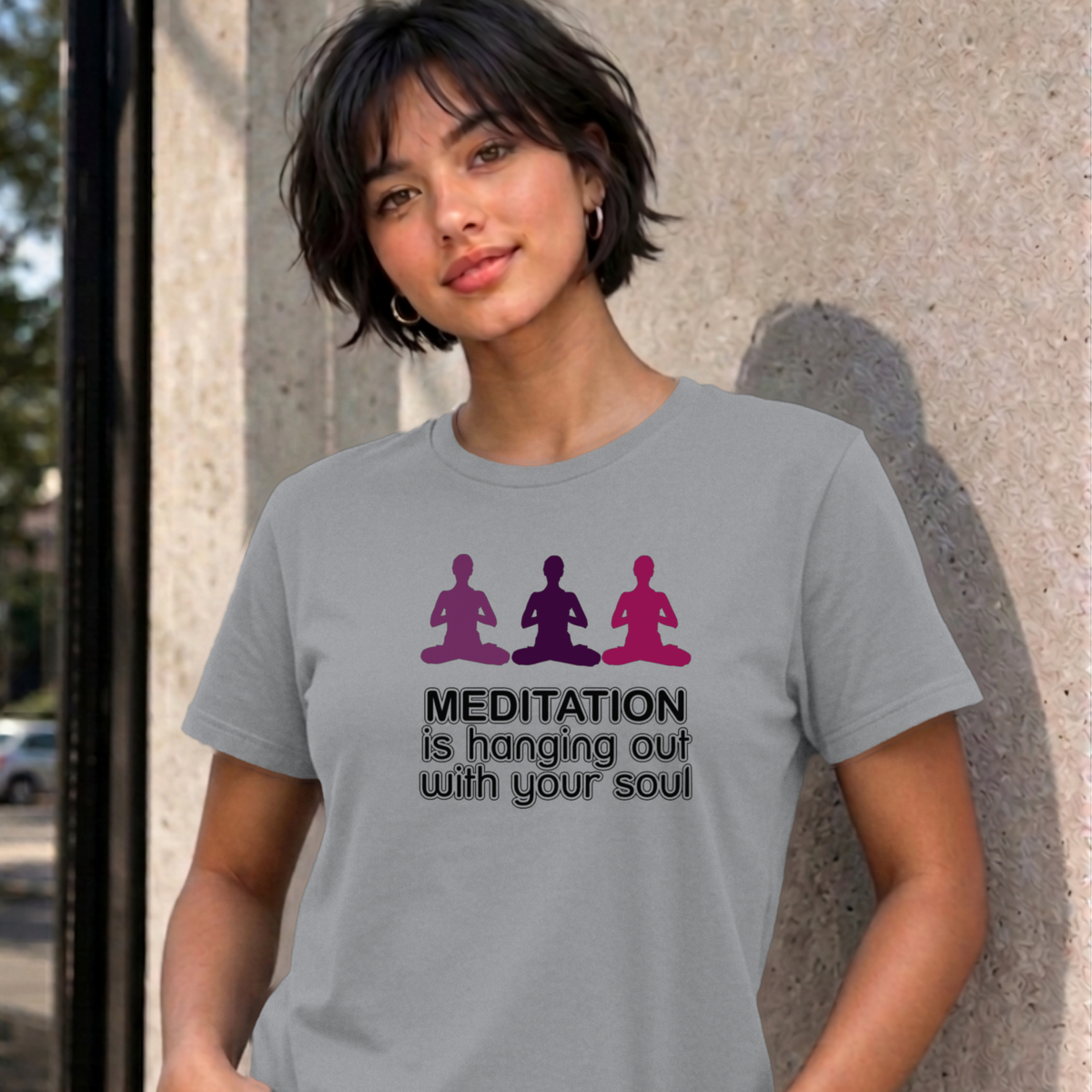 Woman wearing the sport grey Meditation graphic tee