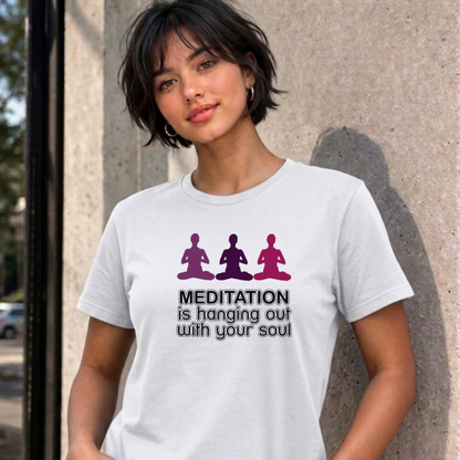 Woman wearing the white Meditation graphic tee