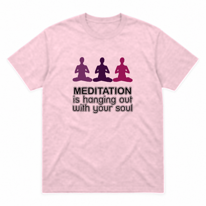 Meditation graphic tee in light pink with deep colour print, front view