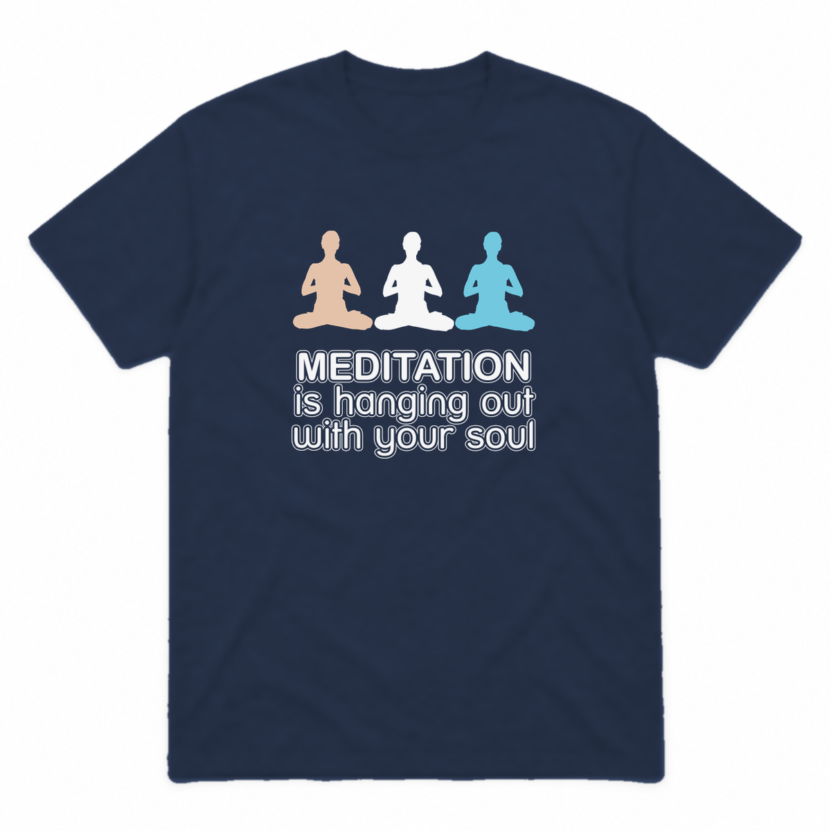 Meditation graphic tee in navy with light colour print, front view