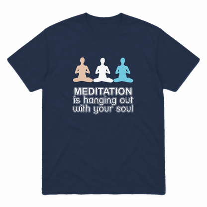 Meditation graphic tee in navy with light colour print, front view