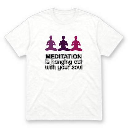 Meditation graphic tee in white with deep colour print, front view