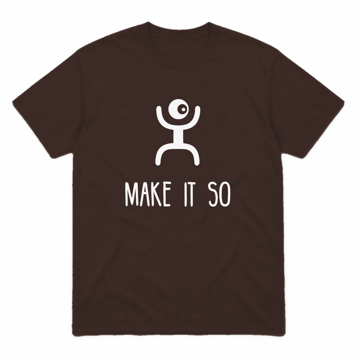 Make It So graphic tee in dark chocolate with white print, front view