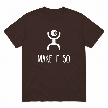 Make It So graphic tee in dark chocolate with white print, front view