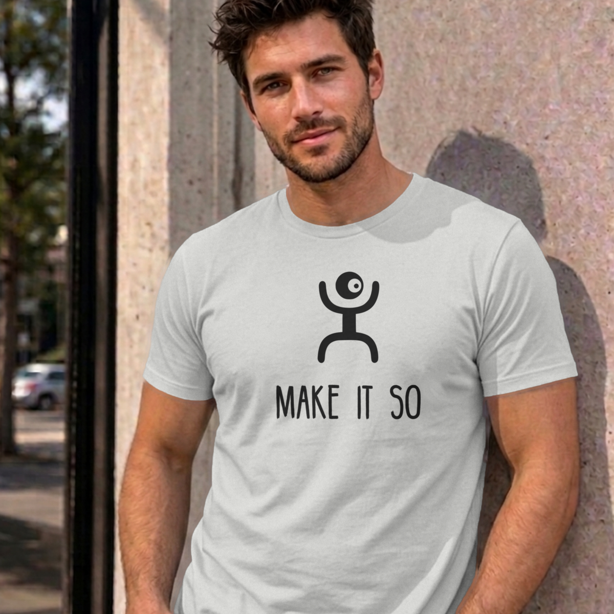 Man wearing the ash Make It So graphic tee