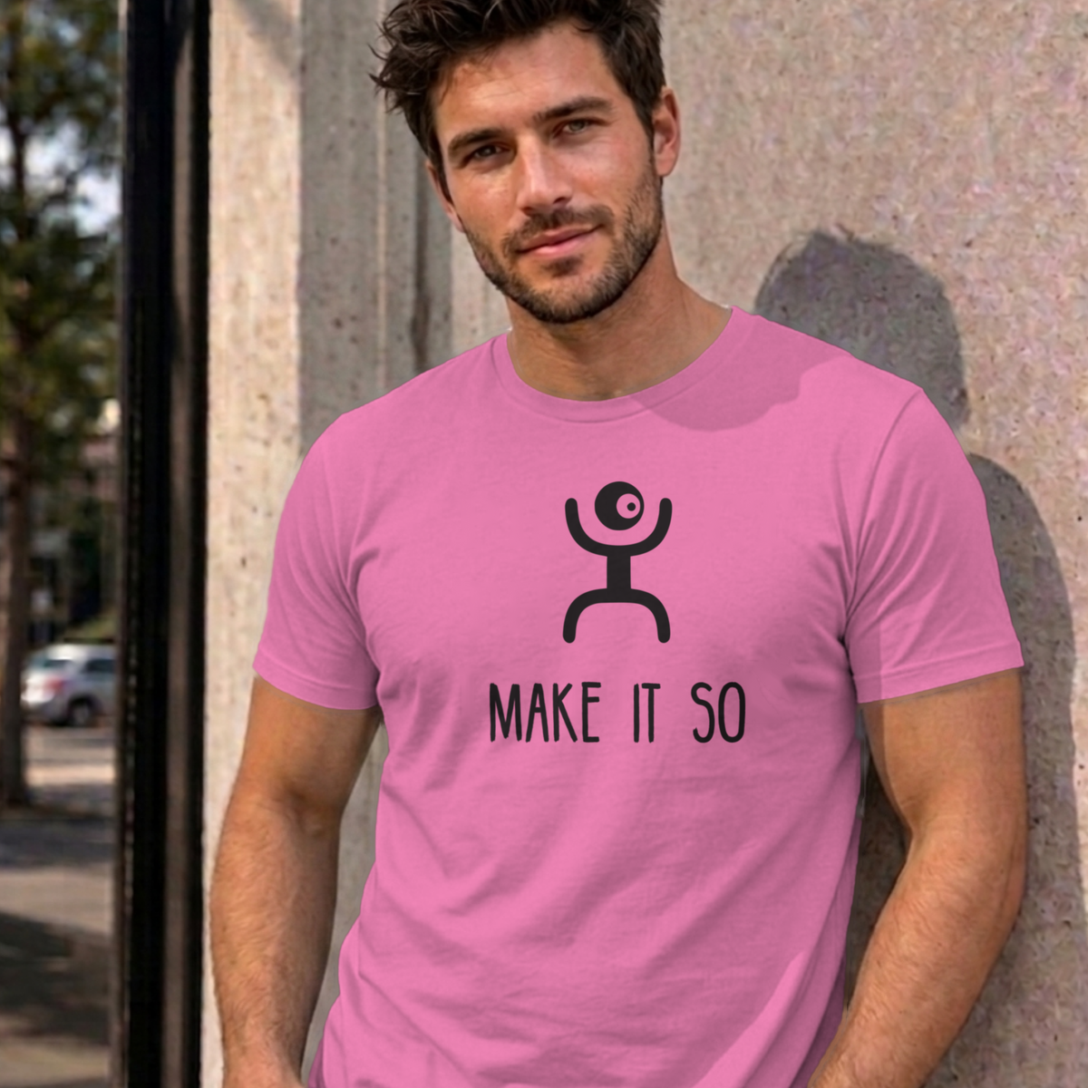 Man wearing the azalea Make It So graphic tee