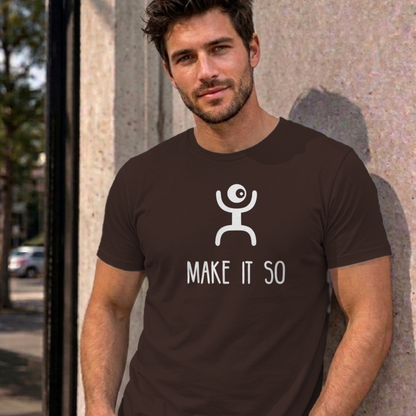 Man wearing the dark chocolate Make It So graphic tee