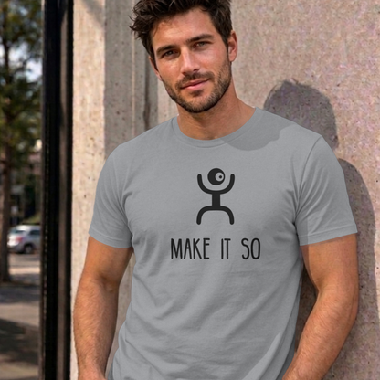 Man wearing the sport grey Make It So graphic tee