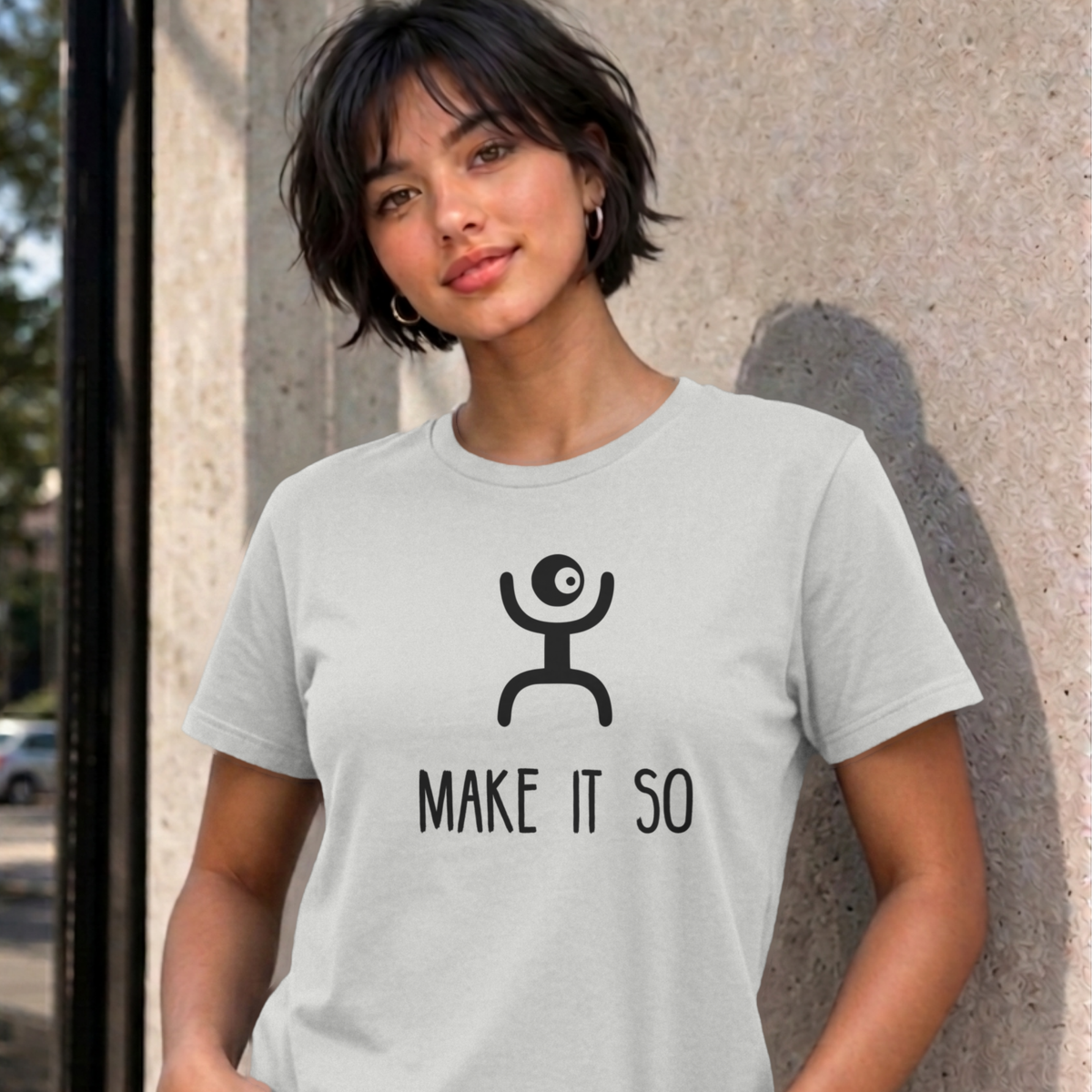 Woman wearing the ash Make It So graphic tee